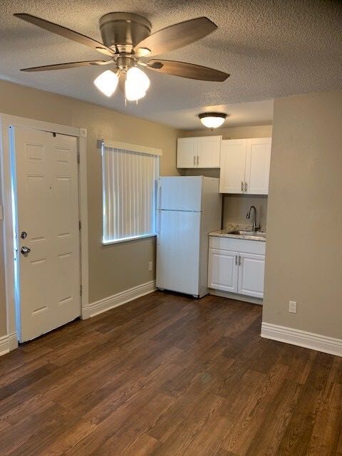 Open living area with kitchen and ceiling fan
